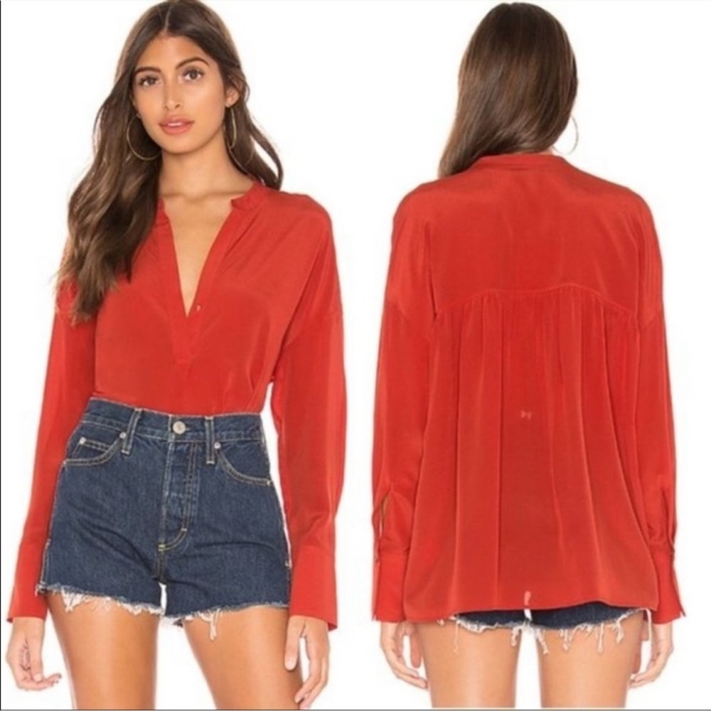 Vince Silk Band Collar Blouse Adobe Red Long Sleeve Minimalist Size M - Picture 12 of 12
